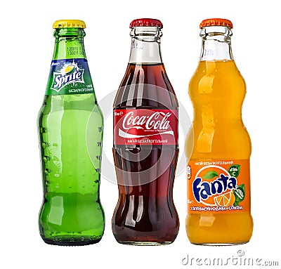 Coca-Cola, Fanta and Sprite glass bottles Editorial Stock Photo