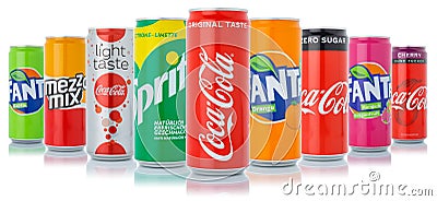 Coca Cola Coca-Cola Fanta Sprite products lemonade soft drinks in cans isolated on a white background Editorial Stock Photo