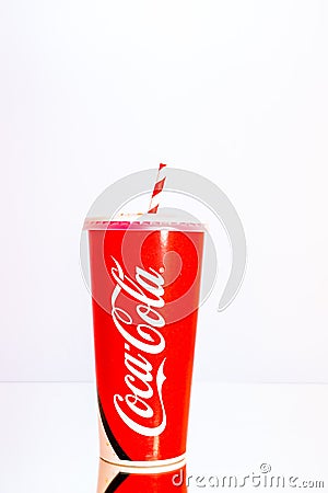 Coca Cola paper cup. Illustrative editorial photo in studio in Bucharest, Romania, 2021 Editorial Stock Photo
