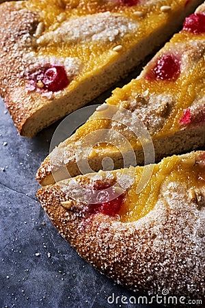 Coca de Sant Joan, sweet flat cake from Catalonia Stock Photo