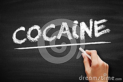 Cocaine is a stimulant drug obtained from the leaves of two coca species, text concept on blackboard Stock Photo