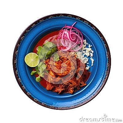Cochinita Pibil On A Blue Abstraction Round Plate On Isolated Transparent Background Mexican Food. Generative AI Stock Photo
