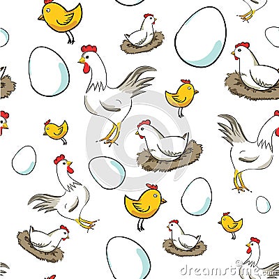 Cock, hen and chick pattern Stock Photo