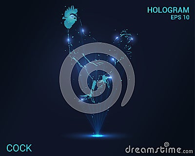 Cock hologram. Holographic projection of a rooster. A flickering energy stream of particles. Scientific rooster design Stock Photo