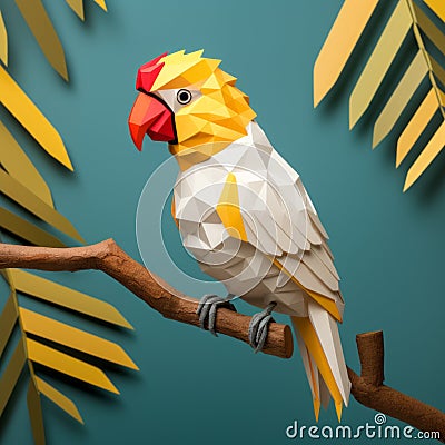 Diy Polygon Cockatiel Paper Craft Perched On Tree Branch Design Stock Photo