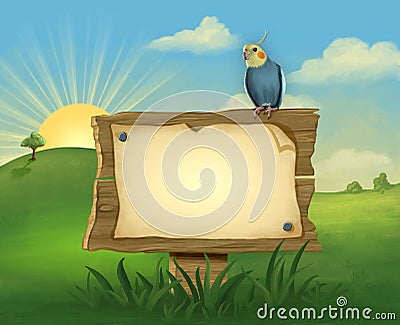 Cockatiel on a signpost Cartoon Illustration