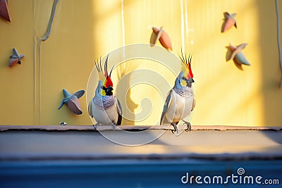 a cockatiels shadow against the wall of the aviary at sunrise Stock Photo