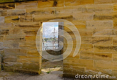 Cockatoo island Sydney, Australia, Historical stone prison building built by convicts for solitary confinement of prisoners, tall Stock Photo