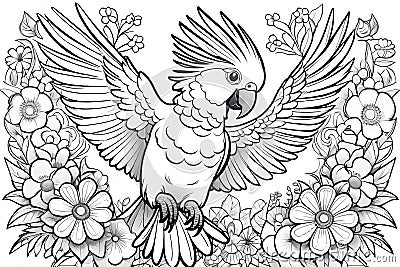 Cockatoo parrot bird monochrome line drawing flowers Cartoon Illustration