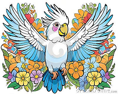 Cockatoo parrot bird wings spread colorful artistic decoration Cartoon Illustration
