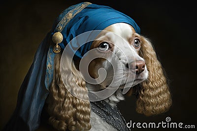 Cocker Spaniel Dog Animal with a Pearl Earring in Johannes Vermeer style illustration generative ai Cartoon Illustration