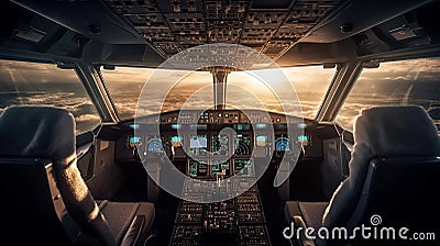 Cockpit of airplane inside view, flight deck of modern aircraft, autopilot, generative AI Stock Photo