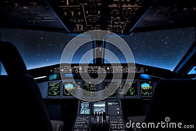 Cockpit aviation control panel digital display instruments of an aircraft in flight at night Cartoon Illustration