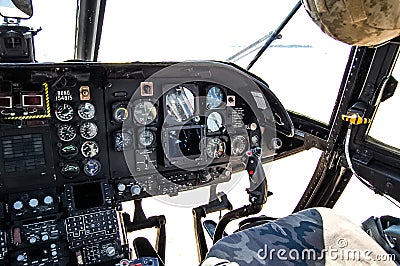 Cockpit of Boeing Vertol CH-46 Sea Knight of the United States Marine Corps landed on the beach at Coney Island in Brooklyn Editorial Stock Photo