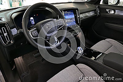 Cockpit and driver seat with multifunction driving wheel of Volvo C40 Editorial Stock Photo