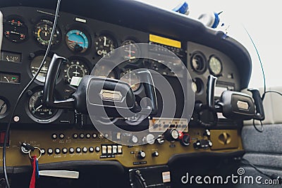 Cockpit helicopter - Instruments panel. Interior of helicopter control dashboard, Heli on the ground. Blue colored. Stock Photo