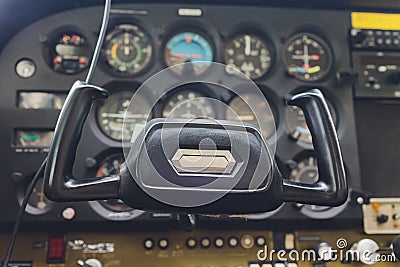 Cockpit helicopter - Instruments panel. Interior of helicopter control dashboard, Heli on the ground. Blue colored. Stock Photo