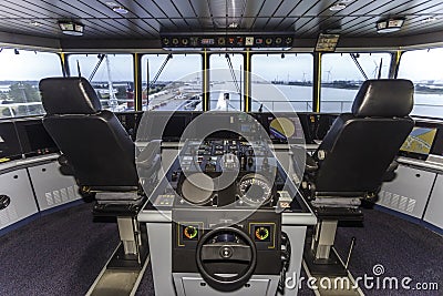 Cockpit of a huge container ship Stock Photo