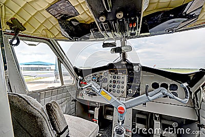 Cockpit inside view of a twin turbo prop Stock Photo