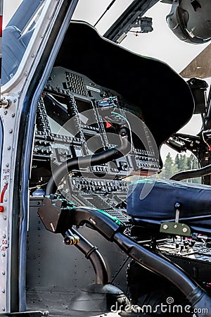 Cockpit interior of Airbus Helicopters H215 formerly Eurocopter AS332 Super Puma heavy-lift utility aircraft OH-HVP by Finland` Editorial Stock Photo