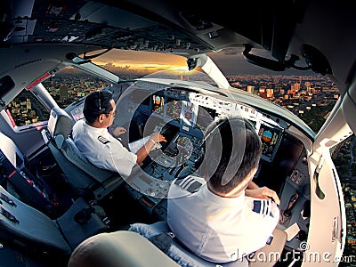 Cockpit of modern passenger jet aircraft. Stock Photo