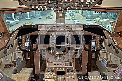 Cockpit overview in a large passenger airplane. KLM Cargo Boeing 747-400. 16/10/2015 - Hong Kong Editorial Stock Photo