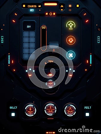 Cockpit of a spaceship with control panel and control buttons. Scifi Control Panel UI Stock Photo