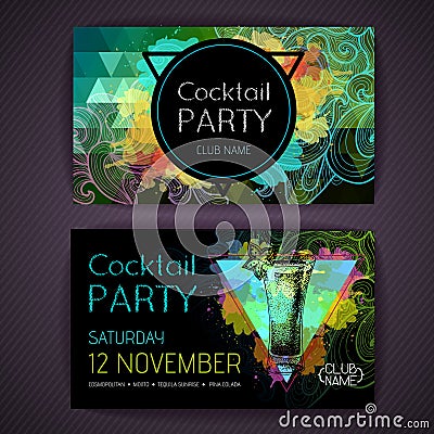 Cocktail absinthe on artistic polygon watercolor background. Cocktail disco party poster Vector Illustration