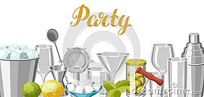 Cocktail bar background. Essential tools, glassware, mixers and garnishes. Vector Illustration