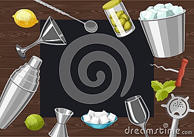 Cocktail bar background. Essential tools, glassware, mixers and garnishes. Vector Illustration