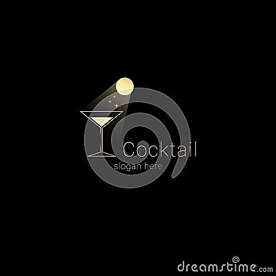 Cocktail club night bar logo concept.Moon light streams in cocktail glass with glowing sparkles,exclusive logotype Vector Illustration
