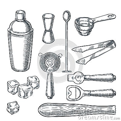 Cocktail bar tools and equipment sketch illustration. Hand drawn icons and design elements for bartender work Vector Illustration