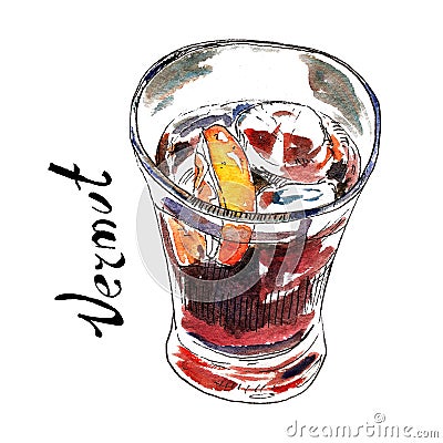 Vermouth in the glass watercolor illustration. Traditional Spanish aperitif drink. Isolated on white Stock Photo