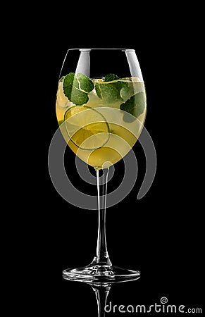 Cocktail on black background menu layout restaurant bar vodka wiskey tonic lime lemon yellow mint sugar studio Stock Photo