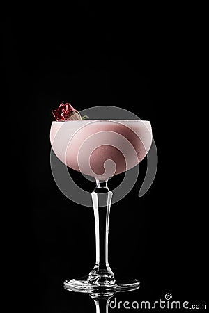 Cocktail on black background menu layout restaurant bar vodka wiskey tonic milk strawberry pink studio Stock Photo