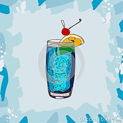 Blue Lagoon classic cocktail illustration. Alcoholic bar drink hand drawn vector. Pop art Stock Photo