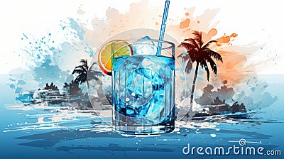 Cocktail Blue Lagoon illustration . Glass of blue lagoon cocktail on background with palms. Horizontal format. illustration Ai Cartoon Illustration