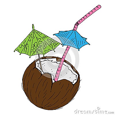 Cocktail in a coconut icon. Vector illustration of a broken coconut with a decorative umbrella for cocktails. Cartoon Illustration