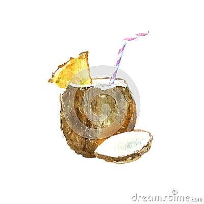 Cocktail in coconut. Tropical fruit sketch. Cartoon Illustration