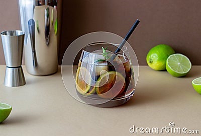 Cocktail cube libre with lime and ice. Rum and cola Alcoholic beverages. Bar. Restaurant Stock Photo