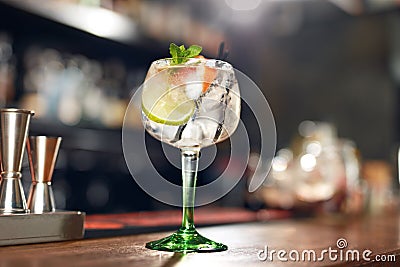 Cocktail Drink In Bar Close Up. Gin Tonic Cocktail Stock Photo