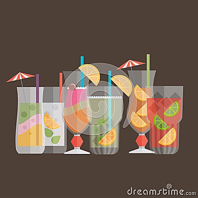 Cocktail drink fruit juice in flat design style. Retro style holiday cocktails. Set of alcoholic cocktails Vector Illustration