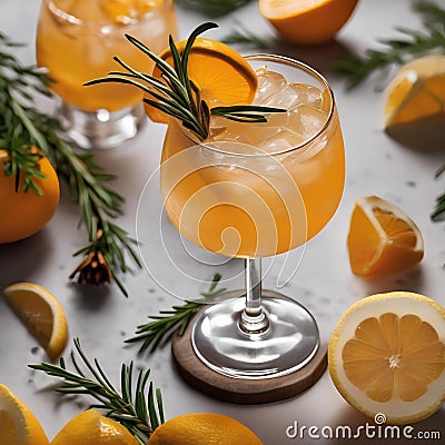 A cocktail garnished with a sprig of fresh rosemary and citrus peel twist3 Stock Photo