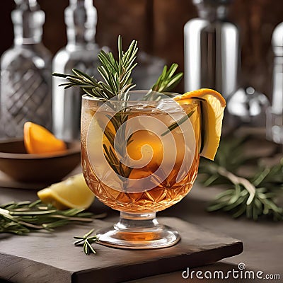 A cocktail garnished with a sprig of fresh rosemary and citrus peel twist4 Stock Photo