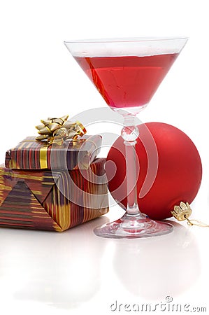 Cocktail, gifts and new year ball Stock Photo