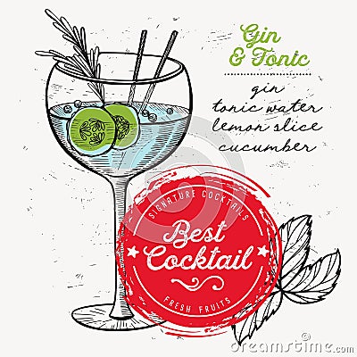 Cocktail gin and tonic, drink flyer for bar. Vector Illustration