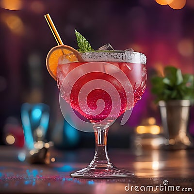 A cocktail glass elegantly rimmed with sugar, containing a refreshing and fruity beverage adorned with a vibrant cocktail umbrel Stock Photo