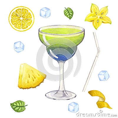 Cocktail glass juice green blue or alcoholic Daiquiri Margarita. Lemon, ice, pineapple, carambola. Hand drawn watercolor Cartoon Illustration