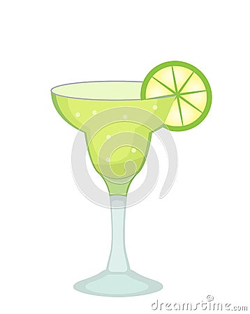 Cocktail glass for Margarita and tequila with lime slice icon flat, cartoon style. Drink isolated on white background Vector Illustration