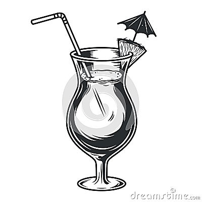 Cocktail glass pina colada with umbrella straw Vector Illustration
